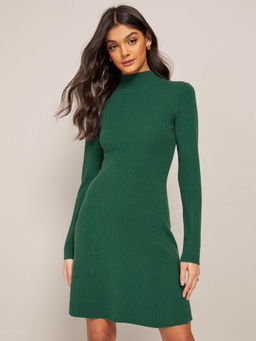 Friends Like These - Full Sleeves Fit & Flare Mini Dress-Green