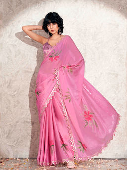Tikhi Imli - Pink Hand Printed Gota Work Saree with Unstitched Blouse