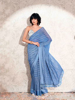 Tikhi Imli - Women Blue Satin Striped Tassels Saree with Unstitched Blouse