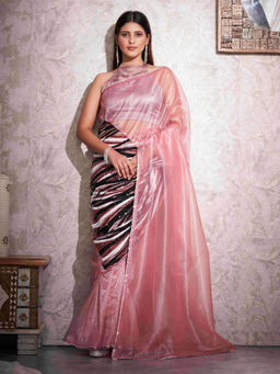 Tikhi Imli - Pink Net Designer Sequined Saree with Unstitched Blouse