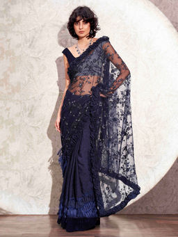 Tikhi Imli - Navy Blue Half and Half Embroidered Pallu Frill- Tassels Saree with Unstitched Blouse