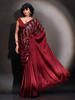 Tikhi Imli - Maroon Satin Sequin Tassels Pallu Saree with Unstitched Blouse