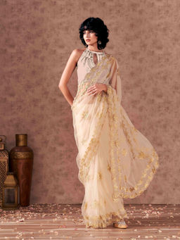 Tikhi Imli - Cream Net Embroidered Thread Work Saree with Unstitched Blouse