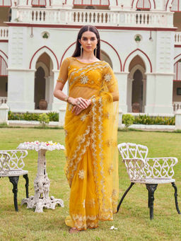 Tikhi Imli - Mustard Net Embroidered Thread Work Saree with Unstitched Blouse