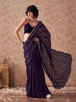 Tikhi Imli - Purple Satin Solid Gota Patti Lining Saree with Unstitched Blouse