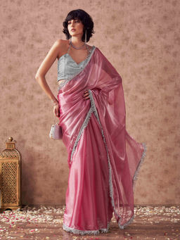 Tikhi Imli - Women Pink Chiffon Solid Tassels Saree with Unstitched Blouse