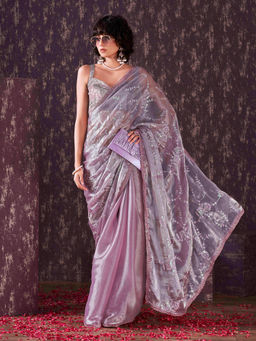 Tikhi Imli - Mauve Half and Half Chiffon Sequence Crochet Lace Saree with Unstitched Blouse