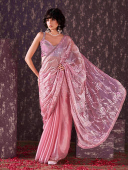Tikhi Imli - Pink Half and Half Chiffon Sequence Crochet Lace Saree with Unstitched Blouse