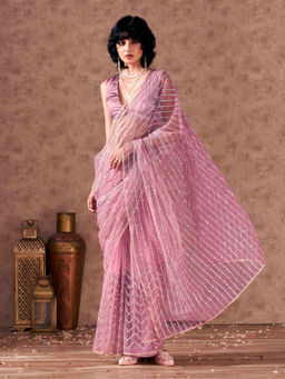 Tikhi Imli - Pink Net Heavy Sequined Gota Patti Lace Saree with Unstitched Blouse