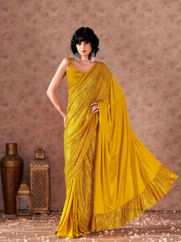 Tikhi Imli - Women Yellow Sequined Lycra Saree with Unstitched Blouse