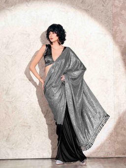 Tikhi Imli - Silver and Black Sequined Designer Lycra Saree with Unstitched Blouse