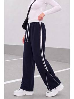 Kvetoo - Women Navy Blue Wide Leg Relaxed Fit Track Pants