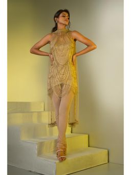 Label Suravika S - Gold Embellished/Sequined Cleo Kurta with Churidar and Dupatta (Set of 3)