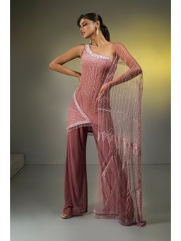 Label Suravika S - Mauve Embellished/Sequined Gazelle Attached Dupatta Tunic with Pant (Set of 2)