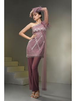 Label Suravika S - Mauve Embellished/Sequined Genelia Attached Dupatta Tunic with Pant (Set of 2)