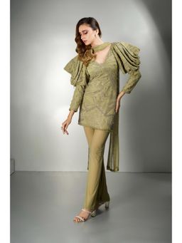 Label Suravika S - Olive Embellished/Sequined Olivia Tunic with Pant and Dupatta (Set of 3)