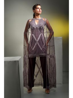 Label Suravika S - Wine Embellished/Sequined Perini Tunic with Pant and Cape (Set of 3)