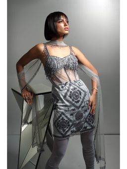 Label Suravika S - Blue Embellished/Sequined Rezi Short Kurta with Legging and Dupatta (Set of 3)