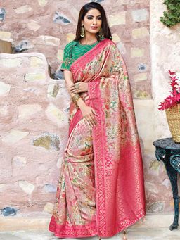 Odette - Pink Printed Weaved Silk Designer Saree with Unstitched Blouse