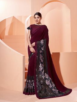 Odette - Wine Elegant Lycra Saree with Unstitched Blouse