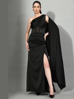 Sunanta Madaan - Minot Noir Satin One-Shoulder Indo Western Saree Dress