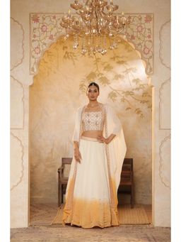 Sunanta Madaan - Ivory and Orange Satin Organza Lehenga with Cape