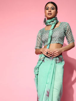 Sareemall - Womens Organza Turquoise Printed Designer Saree with Unstitched Blouse