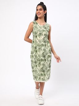 R&B - Green Women Cotton Regular Fit Round Neck Printed Kurta