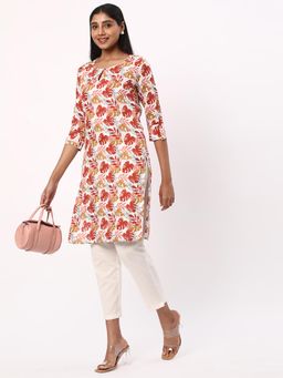 R&B - Red Women Rayon Regular Fit Keyhole Neck Printed Kurta