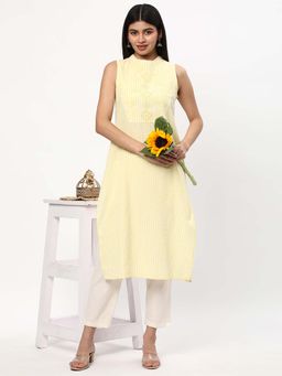 R&B - Yellow Women Cotton Regular Fit Mock Neck Embroidered Kurta