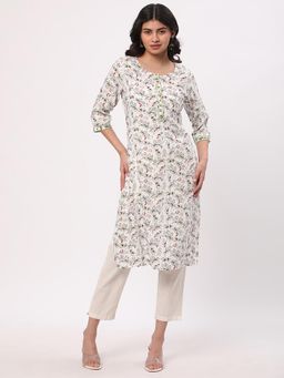 R&B - Off White Women Rayon Regular Fit Round Neck Printed Kurta