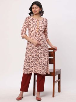 R&B - Peach Women Rayon Regular Fit Round Neck Printed Kurta