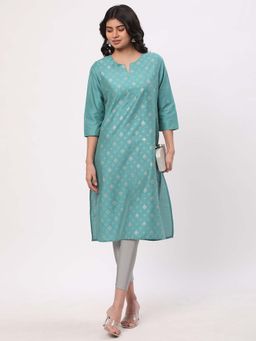 R&B - Teal Women Poly Blend Regular Fit Round Neck Printed Kurta
