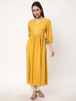 R&B - Yellow Women Rayon Regular Fit V Neck Embellished Kurta