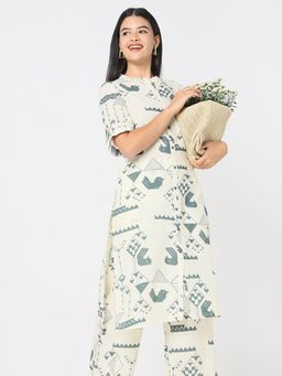 R&B - Beige Women Cotton Regular Fit Mandarin Collar Printed Kurta