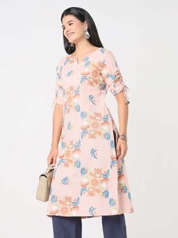 R&B - Peach Women Cotton Regular Fit Round Neck Printed Kurta