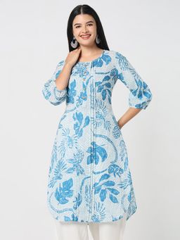 R&B - Blue Women Cotton Regular Fit Round Neck Printed Kurta