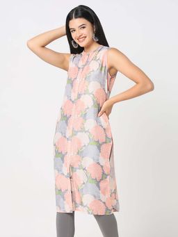 R&B - Multi Color Women Poly Muslin Regular Fit Mandarin Collar Printed Kurta