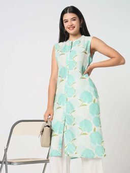 R&B - Green Women Poly Muslin Regular Fit Mandarin Collar Printed Kurta