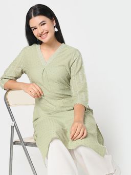 R&B - Olive Women Cotton Regular Fit V Neck Embroidered Kurta
