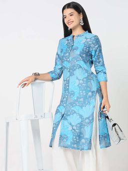 R&B - Blue Women Polyester Regular Fit Mandarin Collar Printed Kurta