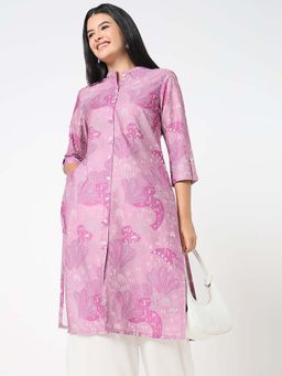 R&B - Purple Women Polyester Regular Fit Mandarin Collar Printed Kurta