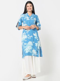 R&B - Blue Women Rayon Regular Fit V Neck Printed Kurta
