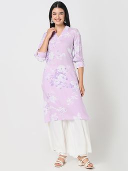 R&B - Lavender Women Rayon Regular Fit V Neck Printed Kurta