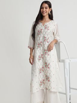 R&B - White Women Polyester Regular Fit V Neck Embroidered Kurta