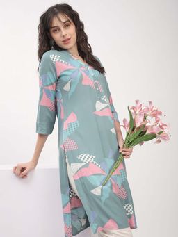 R&B - Teal Women Viscose Regular Fit Mandarin Collar Printed Kurta