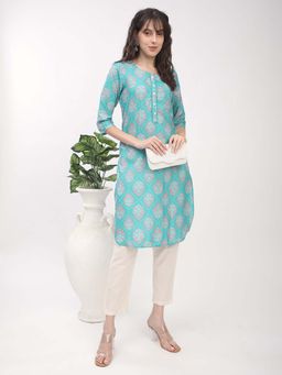 R&B - Aqua Women Polyester Regular Fit Round Neck Printed Kurta
