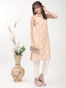R&B - Beige Women Viscose Straight Fit Shirt Collar Printed Kurta