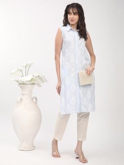 R&B - Blue Women Viscose Straight Fit Shirt Collar Printed Kurta