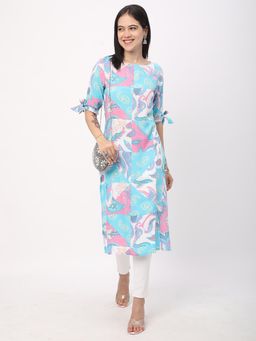 R&B - Multi Color Women Rayon Regular Fit Round Neck Printed Kurta